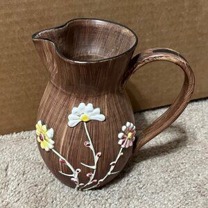 Vintage Italian Hand Painted Earthenware Pottery Pitcher Vase Raised Flowers
